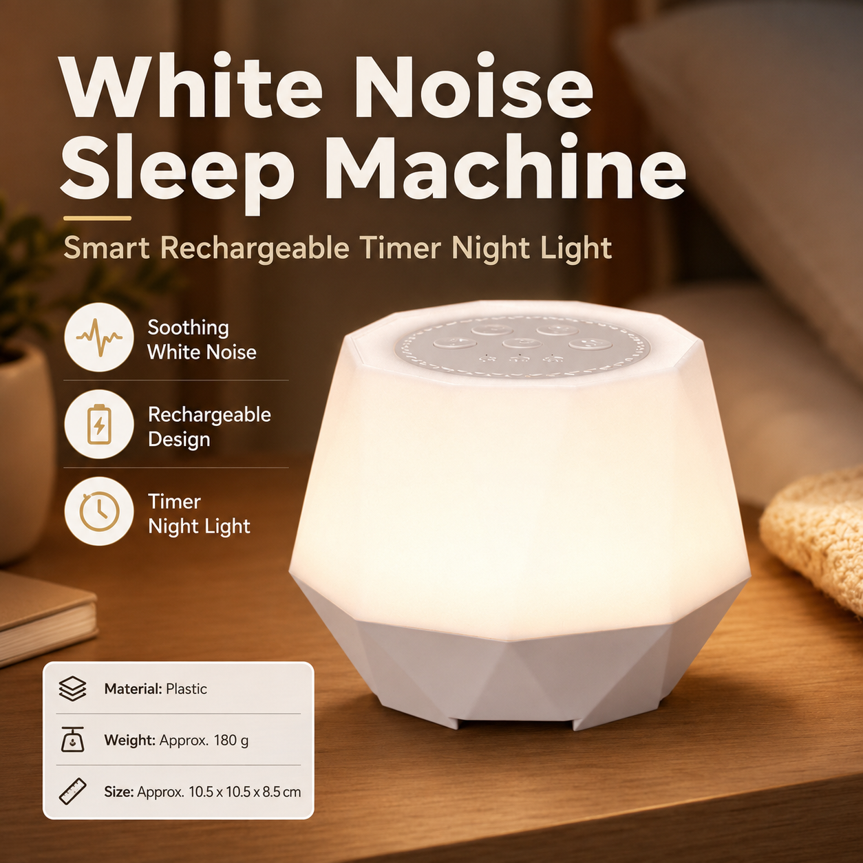 White Noise Sleep Aid Night Light - 7 Colour RGB Mood Lamp with Timer, Portable Bedside Table Lamp for Bedroom and Relaxation
