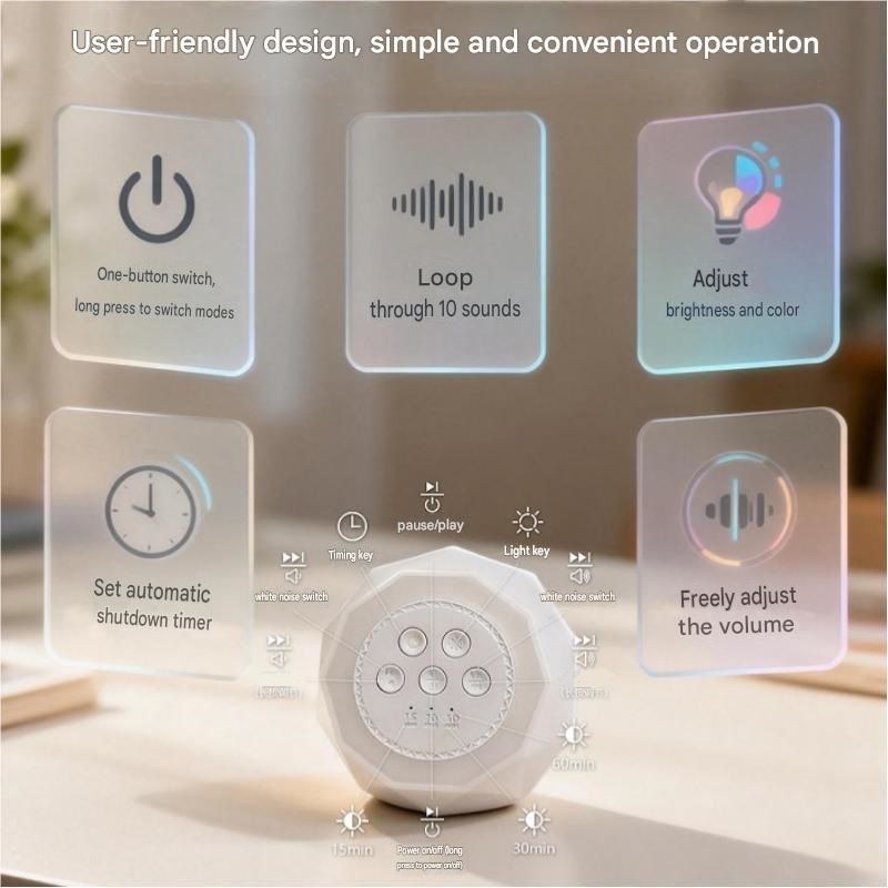White Noise Sleep Aid Night Light - 7 Colour RGB Mood Lamp with Timer, Portable Bedside Table Lamp for Bedroom and Relaxation