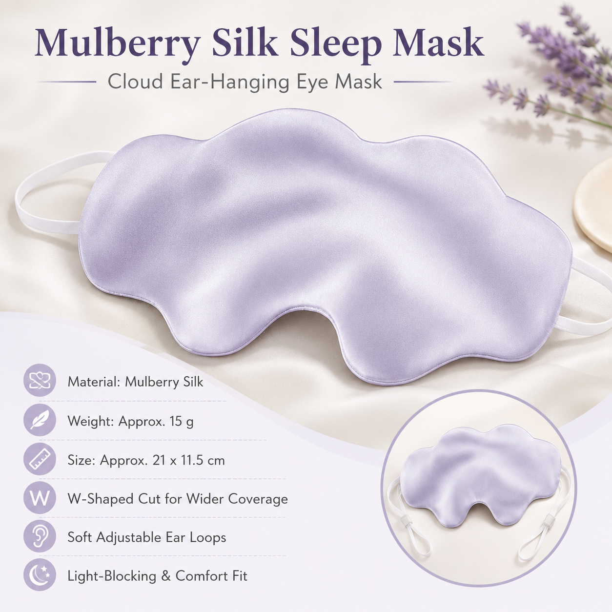 Purple Mulberry Silk Sleep Eye Mask - Cloud Shaped Blackout Blindfold with Adjustable Strap, Lightweight Travel and Nap Essential for Sensitive Skin