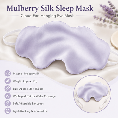 Purple Mulberry Silk Sleep Eye Mask - Cloud Shaped Blackout Blindfold with Adjustable Strap, Lightweight Travel and Nap Essential for Sensitive Skin