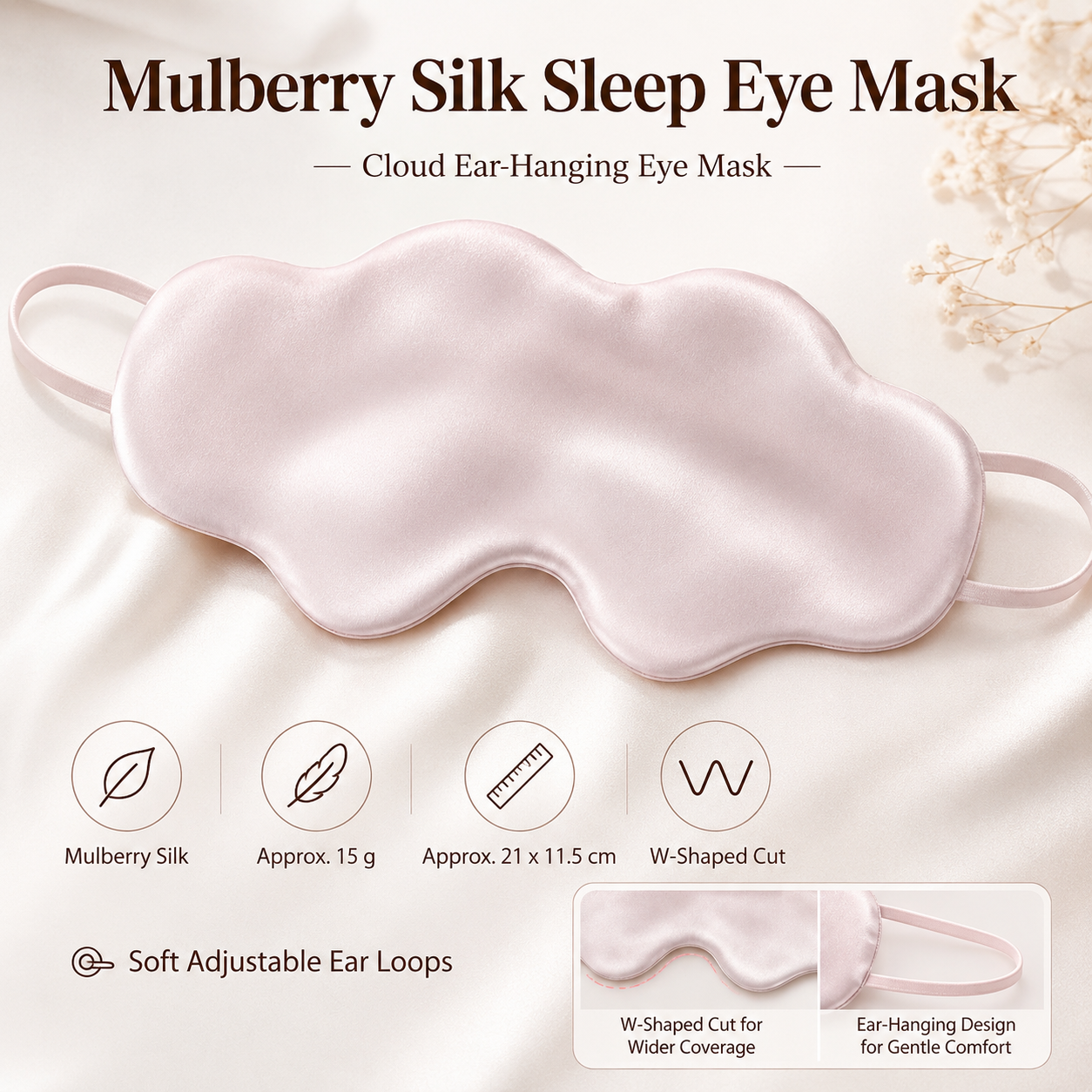 Pink Mulberry Silk Sleep Eye Mask - Cloud Shaped Blackout Blindfold with Adjustable Strap, Lightweight Travel and Nap Essential for Sensitive Skin
