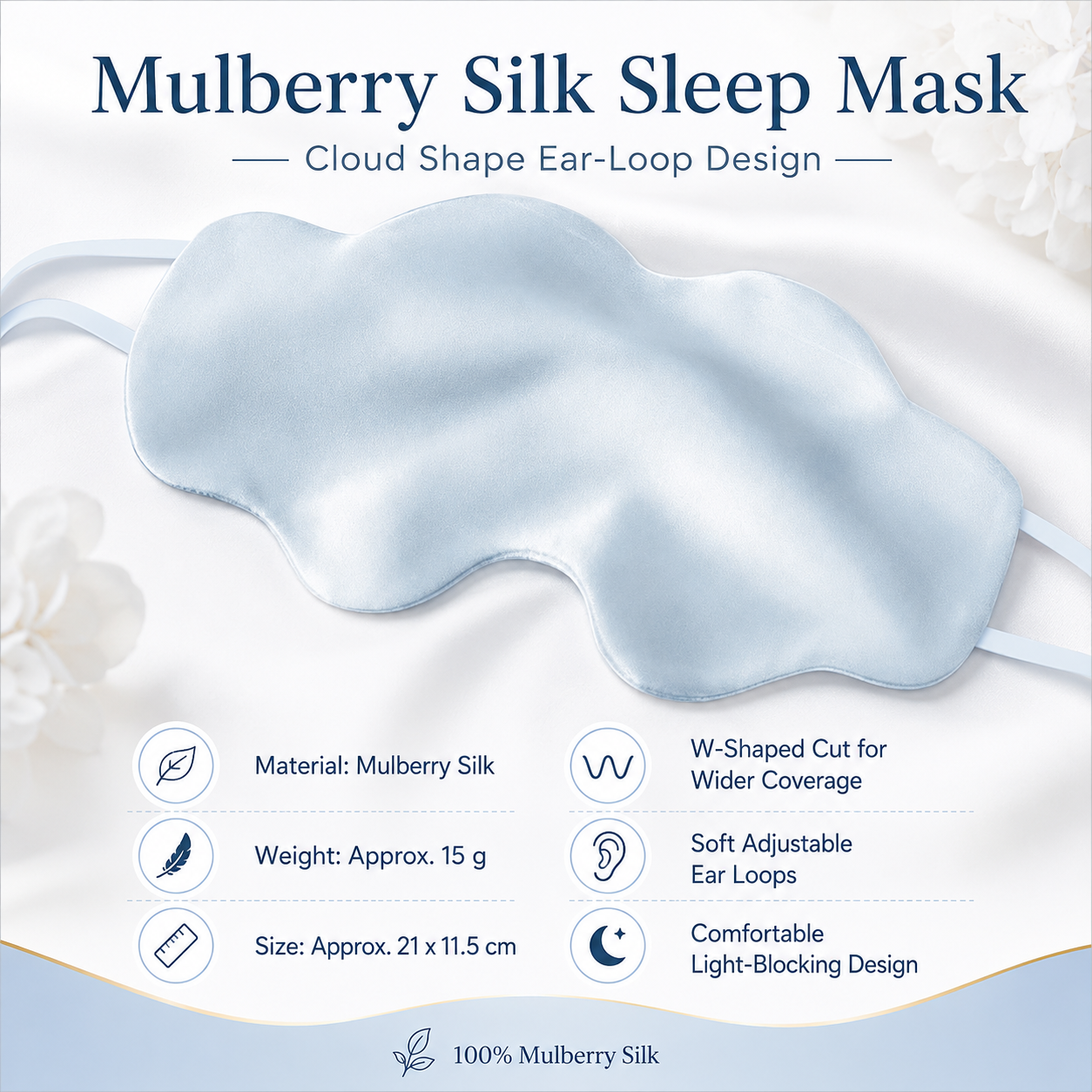 Blue Mulberry Silk Sleep Eye Mask - Cloud Shaped Blackout Blindfold with Adjustable Strap, Lightweight Travel and Nap Essential for Sensitive Skin