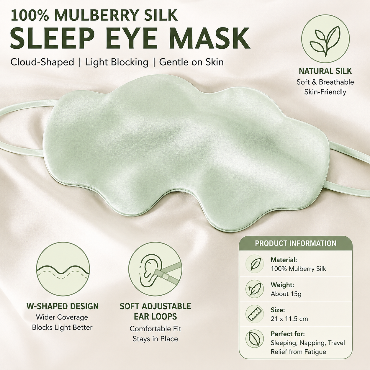 Green Mulberry Silk Sleep Eye Mask - Cloud Shaped Blackout Blindfold with Adjustable Strap, Lightweight Travel and Nap Essential for Sensitive Skin