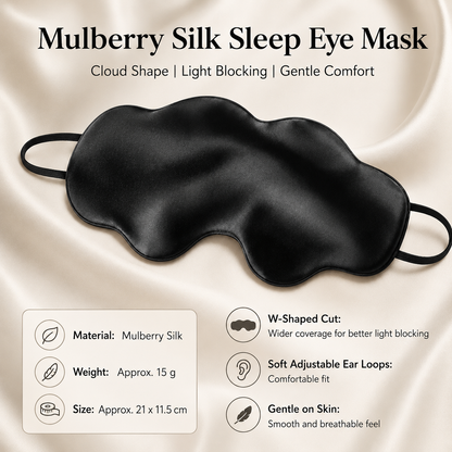 Black Mulberry Silk Sleep Eye Mask - Cloud Shaped Blackout Blindfold with Adjustable Strap, Lightweight Travel and Nap Essential for Sensitive Skin