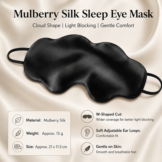 Black Mulberry Silk Sleep Eye Mask - Cloud Shaped Blackout Blindfold with Adjustable Strap, Lightweight Travel and Nap Essential for Sensitive Skin