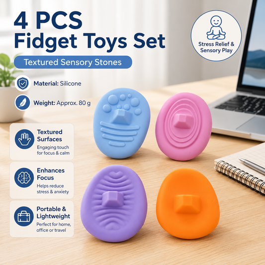 4 Piece Dark-colored version Silicone Fidget Toys Set - Textured Sensory Stones for Stress Relief, Focus and Anxiety Support, Portable Desk and Fidget Essential