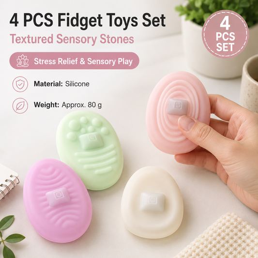 4 Piece Light-colored version Silicone Fidget Toys Set - Textured Sensory Stones for Stress Relief, Focus and Anxiety Support, Portable Desk and Fidget Essential