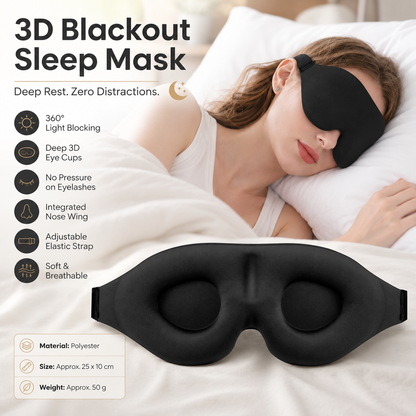 Black 3D Contoured Sleep Eye Mask - 360 Degree Blackout Blindfold with Adjustable Strap and Nose Wing Design for Side Sleepers, Travel and Nap