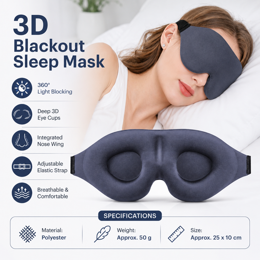Grey 3D Contoured Sleep Eye Mask - 360 Degree Blackout Blindfold with Adjustable Strap and Nose Wing Design for Side Sleepers, Travel and Nap