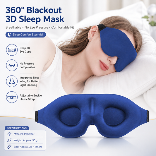 Blue 3D Contoured Sleep Eye Mask - 360 Degree Blackout Blindfold with Adjustable Strap and Nose Wing Design for Side Sleepers, Travel and Nap