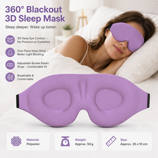 Purple 3D Contoured Sleep Eye Mask - 360 Degree Blackout Blindfold with Adjustable Strap and Nose Wing Design for Side Sleepers, Travel and Nap