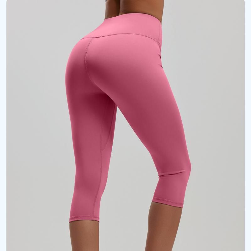 Pink S Size Women's High Waist 3/4 Yoga Leggings - Peach Hip Lift Design, Breathable Stretch Fabric for Gym Running and Daily Wear