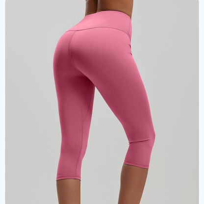Pink M Size Women's High Waist 3/4 Yoga Leggings - Peach Hip Lift Design, Breathable Stretch Fabric for Gym Running and Daily Wear
