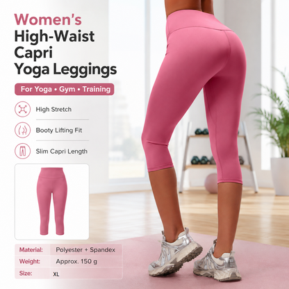 Pink XL Size Women's High Waist 3/4 Yoga Leggings - Peach Hip Lift Design, Breathable Stretch Fabric for Gym Running and Daily Wear