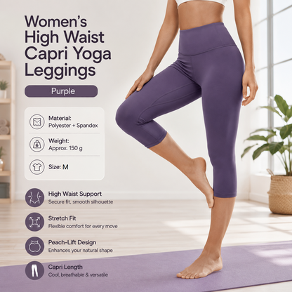 Purple M Size Women's High Waist 3/4 Yoga Leggings - Peach Hip Lift Design, Breathable Stretch Fabric for Gym Running and Daily Wear