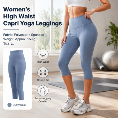 Dusty Blue XL Size Women's High Waist 3/4 Yoga Leggings - Peach Hip Lift Design, Breathable Stretch Fabric for Gym Running and Daily Wear