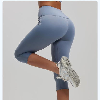 Dusty Blue XXL Size Women's High Waist 3/4 Yoga Leggings - Peach Hip Lift Design, Breathable Stretch Fabric for Gym Running and Daily Wear