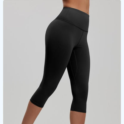 Black M Size Women's High Waist 3/4 Yoga Leggings - Peach Hip Lift Design, Breathable Stretch Fabric for Gym Running and Daily Wear