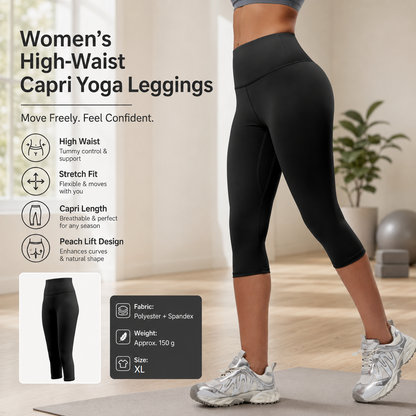 Black XL Size Women's High Waist 3/4 Yoga Leggings - Peach Hip Lift Design, Breathable Stretch Fabric for Gym Running and Daily Wear