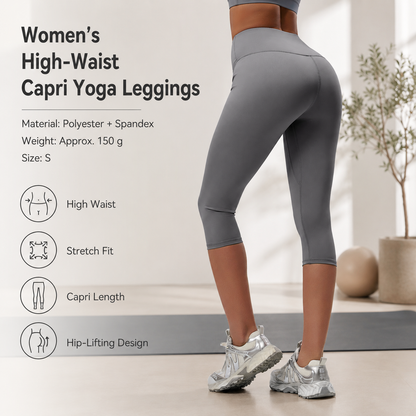Grey S Size Women's High Waist 3/4 Yoga Leggings - Peach Hip Lift Design, Breathable Stretch Fabric for Gym Running and Daily Wear