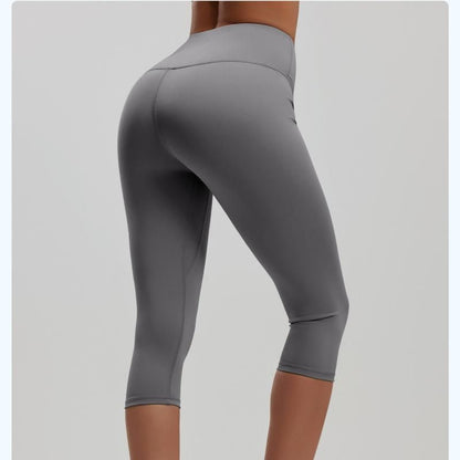 Grey S Size Women's High Waist 3/4 Yoga Leggings - Peach Hip Lift Design, Breathable Stretch Fabric for Gym Running and Daily Wear