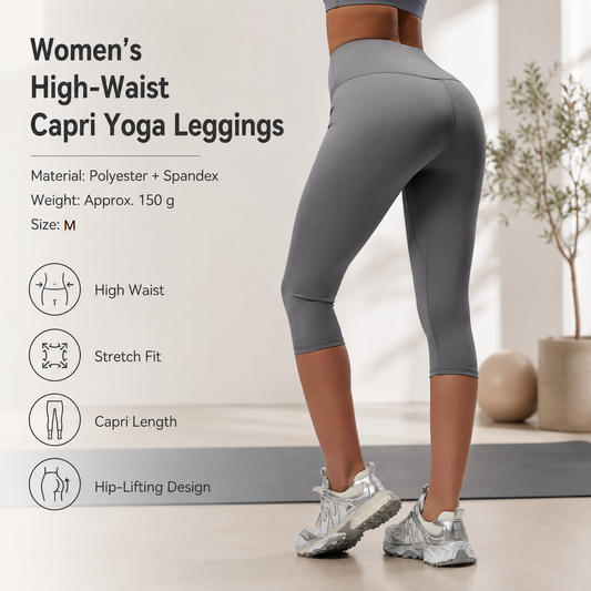 Grey M Size Women's High Waist 3/4 Yoga Leggings - Peach Hip Lift Design, Breathable Stretch Fabric for Gym Running and Daily Wear