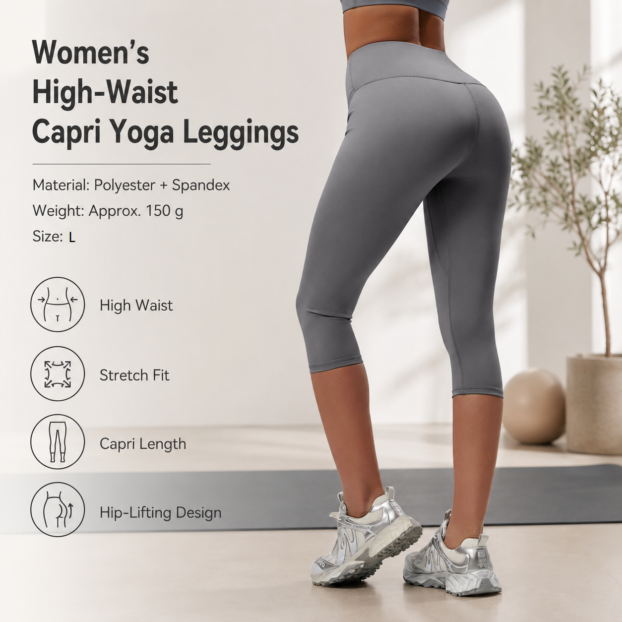 Grey L Size Women's High Waist 3/4 Yoga Leggings - Peach Hip Lift Design, Breathable Stretch Fabric for Gym Running and Daily Wear