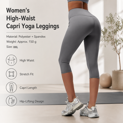 Grey XXL Size Women's High Waist 3/4 Yoga Leggings - Peach Hip Lift Design, Breathable Stretch Fabric for Gym Running and Daily Wear