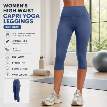 Blue L Size Women's High Waist 3/4 Yoga Leggings - Peach Hip Lift Design, Breathable Stretch Fabric for Gym Running and Daily Wear