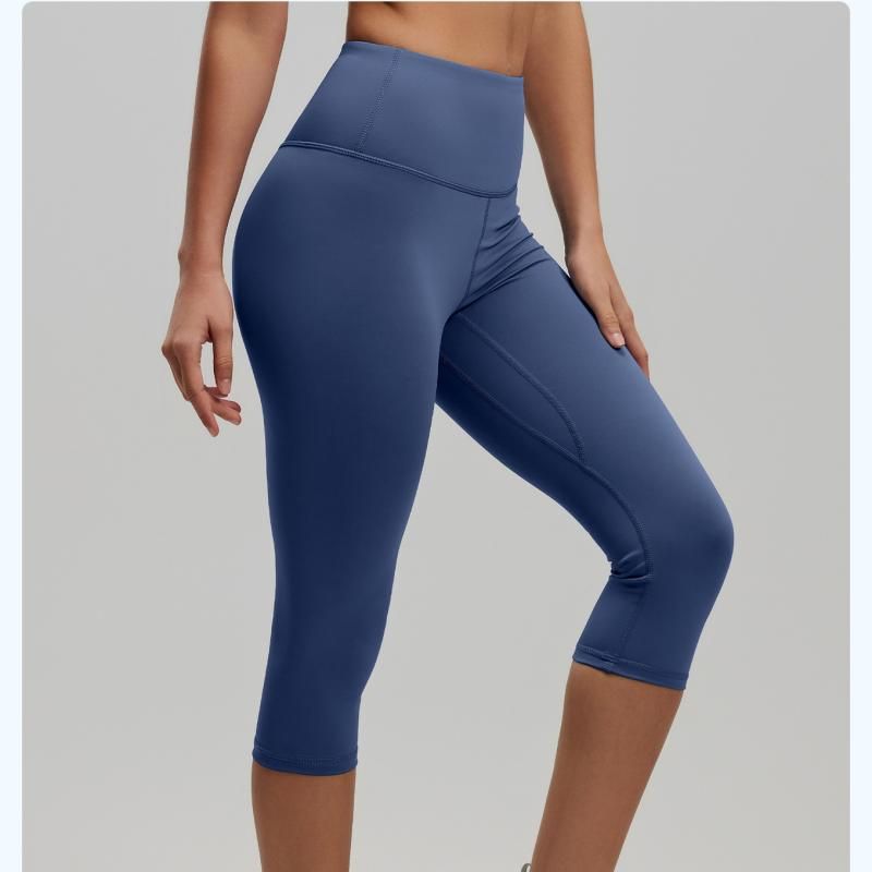 Blue L Size Women's High Waist 3/4 Yoga Leggings - Peach Hip Lift Design, Breathable Stretch Fabric for Gym Running and Daily Wear