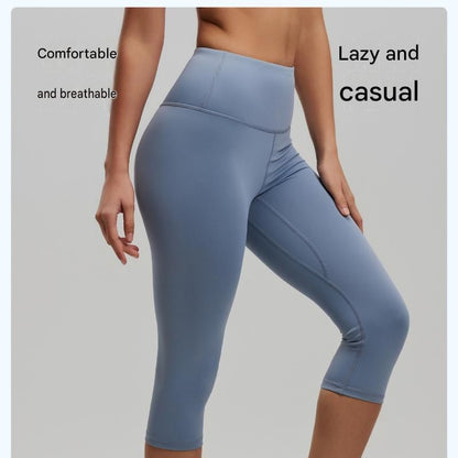 Blue XL Size Women's High Waist 3/4 Yoga Leggings - Peach Hip Lift Design, Breathable Stretch Fabric for Gym Running and Daily Wear