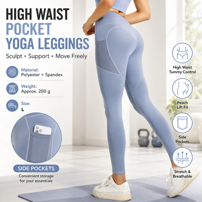 Blue L Size Women's High Waist Yoga Leggings with Mesh Side Pockets - Squat Proof, Peach Hip Lift, Breathable Stretch Fabric for Gym Running ã€Pilates Wea and Daily Wear