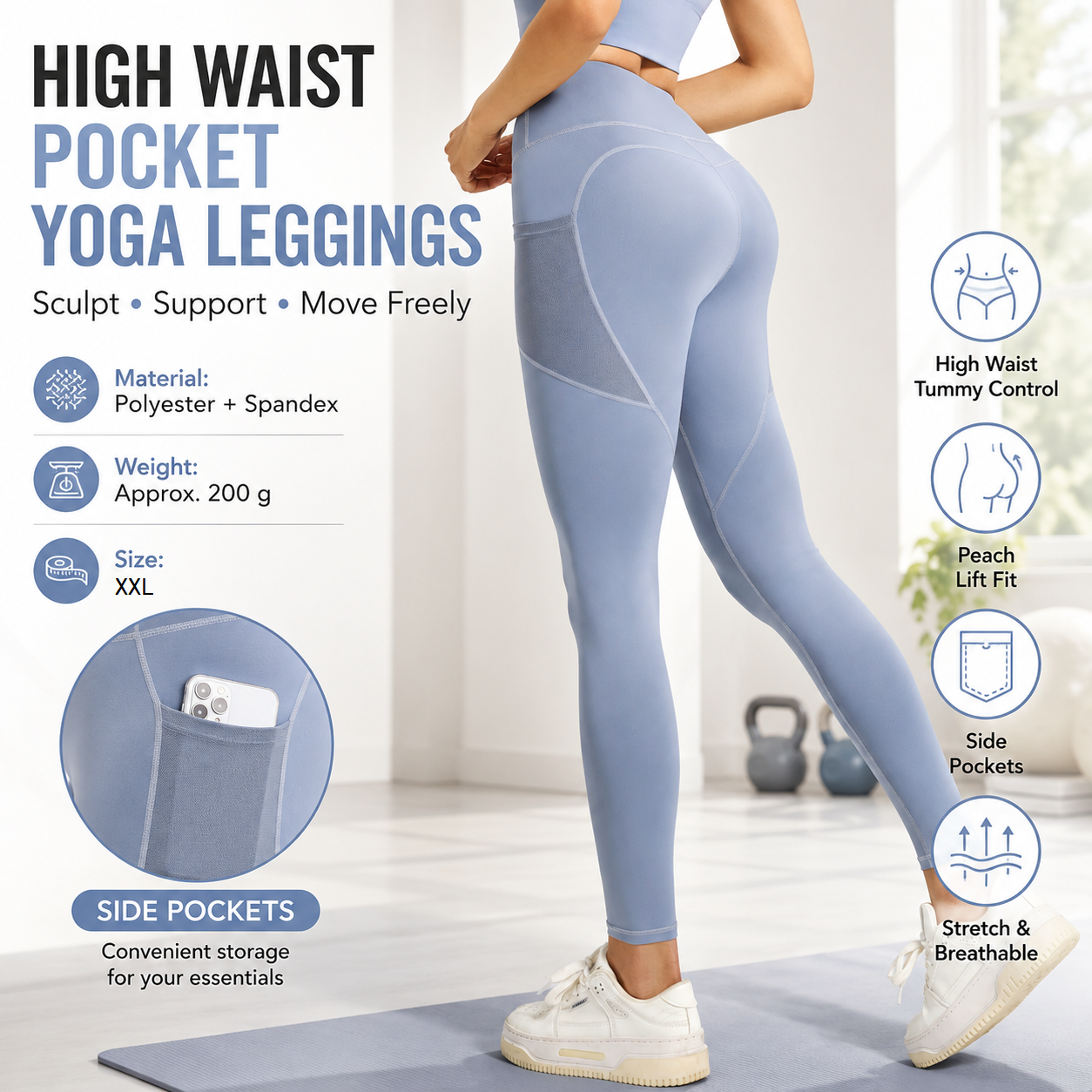 Blue XXL Size Women's High Waist Yoga Leggings with Mesh Side Pockets - Squat Proof, Peach Hip Lift, Breathable Stretch Fabric for Gym Running ã€Pilates Wea and Daily Wear