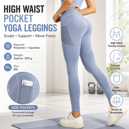 Blue XXL Size Women's High Waist Yoga Leggings with Mesh Side Pockets - Squat Proof, Peach Hip Lift, Breathable Stretch Fabric for Gym Running ã€Pilates Wea and Daily Wear