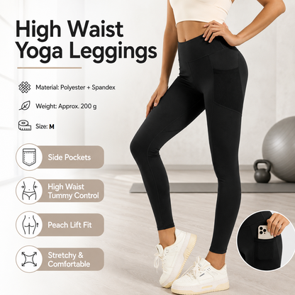 Black M Size Women's High Waist Yoga Leggings with Mesh Side Pockets - Squat Proof, Peach Hip Lift, Breathable Stretch Fabric for Gym Running ã€Pilates Wea and Daily Wear