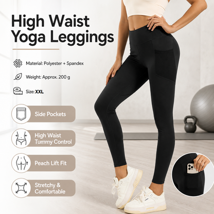 Black XXL Size Women's High Waist Yoga Leggings with Mesh Side Pockets - Squat Proof, Peach Hip Lift, Breathable Stretch Fabric for Gym Running ã€Pilates Wea and Daily Wear