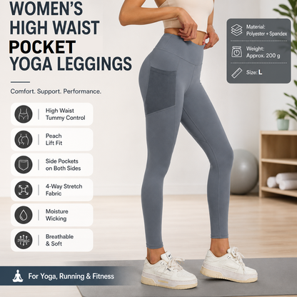 Grey L Size Women's High Waist Yoga Leggings with Mesh Side Pockets - Squat Proof, Peach Hip Lift, Breathable Stretch Fabric for Gym Running ã€Pilates Wea and Daily Wear