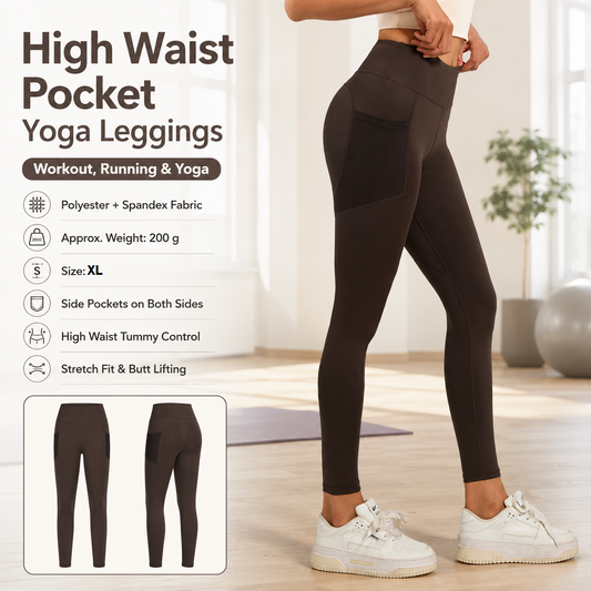 Coffee-colored XL Size Women's High Waist Yoga Leggings with Mesh Side Pockets - Squat Proof, Peach Hip Lift, Breathable Stretch Fabric for Gym Running ã€Pilates Wea and Daily Wear