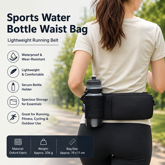 Black Waterproof Sports Waist Bag with Water Bottle Holder - Lightweight Oxford Fabric, Multi-Pocket Design for Running, Gym and Outdoor Activities
