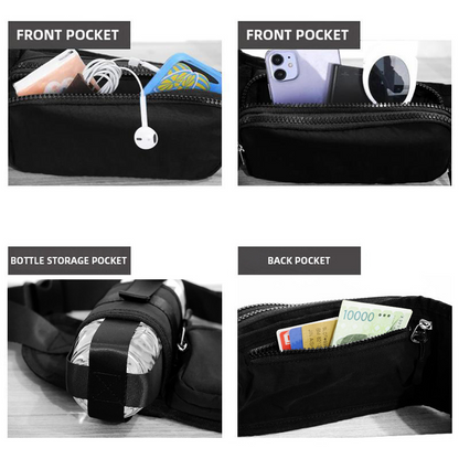 Black Waterproof Sports Waist Bag with Water Bottle Holder - Lightweight Oxford Fabric, Multi-Pocket Design for Running, Gym and Outdoor Activities