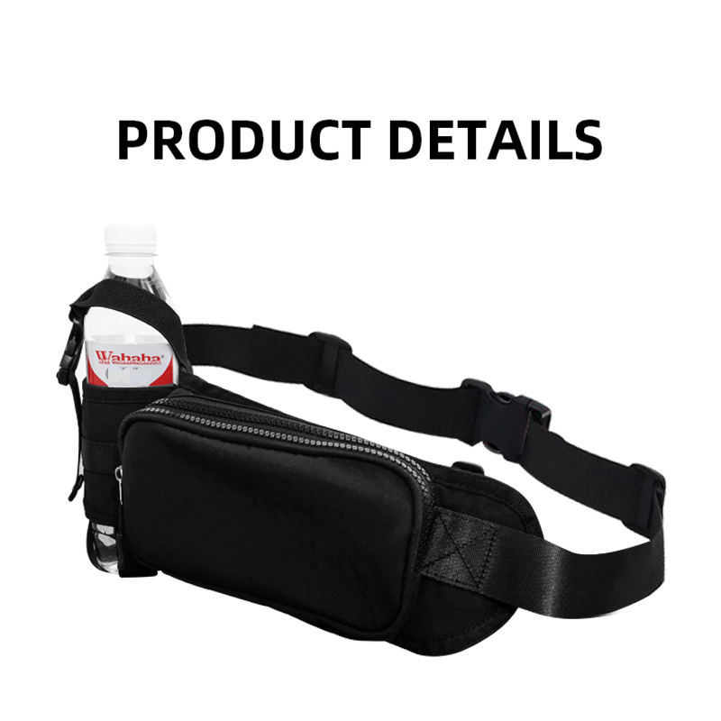Black Waterproof Sports Waist Bag with Water Bottle Holder - Lightweight Oxford Fabric, Multi-Pocket Design for Running, Gym and Outdoor Activities