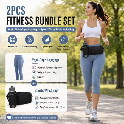 Winter Fitness Bundle - Blue XL size Women's High Waist 3/4 Yoga Leggings with Peach Hip Lift and Black Waterproof Sports Waist Bag with Bottle Holder for Running Gym and Outdoor Activities