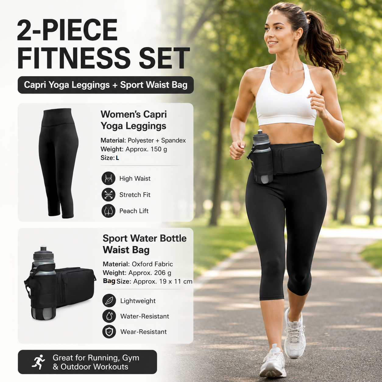 Winter Fitness Bundle - Black L size Women's High Waist 3/4 Yoga Leggings with Peach Hip Lift and Black Waterproof Sports Waist Bag with Bottle Holder for Running Gym and Outdoor Activities