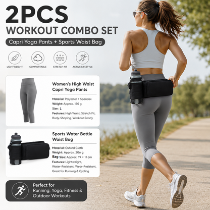 Winter Fitness Bundle - Grey L size Women's High Waist 3/4 Yoga Leggings with Peach Hip Lift and Black Waterproof Sports Waist Bag with Bottle Holder for Running Gym and Outdoor Activities
