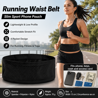Black L Size Running Waist Belt - High Stretch Spandex Nylon Blend, 360-Degree Storage Pocket, Breathable Mesh Design for Running and Gym Use