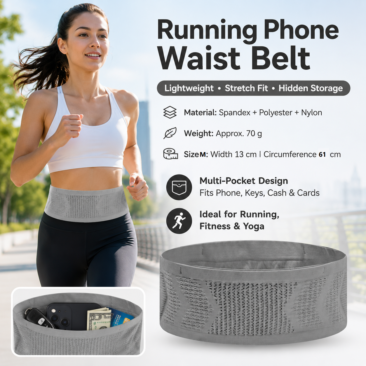 Grey M Size Running Waist Belt - High Stretch Spandex Nylon Blend, 360-Degree Storage Pocket, Breathable Mesh Design for Running and Gym Use