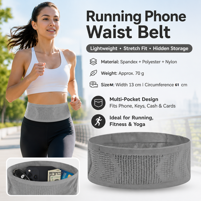 Grey M Size Running Waist Belt - High Stretch Spandex Nylon Blend, 360-Degree Storage Pocket, Breathable Mesh Design for Running and Gym Use