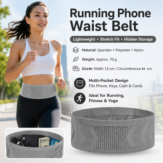 Grey M Size Running Waist Belt - High Stretch Spandex Nylon Blend, 360-Degree Storage Pocket, Breathable Mesh Design for Running and Gym Use