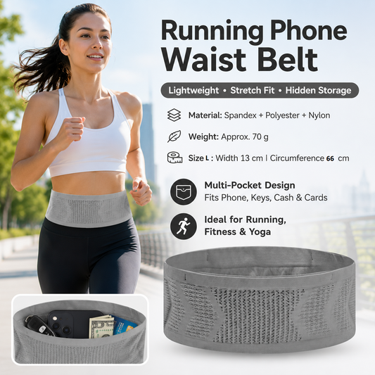 Grey L Size Running Waist Belt - High Stretch Spandex Nylon Blend, 360-Degree Storage Pocket, Breathable Mesh Design for Running and Gym Use