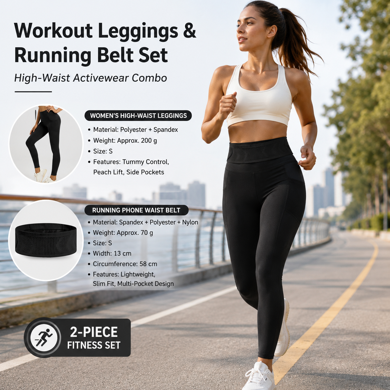 Comfortable Outdoor Sports Set-Black S Size Running Waist Belt and Black S Size High-Waisted Yoga Leggings  - Breathable Spandex Blend, Side Pockets for Phone and Keys, Lightweight Fitness Gear for Running and Gym